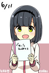 Rule 34 | 1girl, :d, black bow, black hairband, blue hair, blunt bangs, blush, bow, bow hairband, character name, commentary request, dated, dot nose, green eyes, hair bow, hairband, happy, highres, hitoribocchi no marumaru seikatsu, holding, holding notebook, katsuwo (cr66g), kurai kako, long sleeves, looking at viewer, notebook, open mouth, pink background, school uniform, shirt, smile, solo, split mouth, translation request, two-tone background, upper body, white background, white shirt