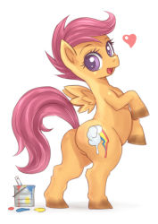 Rule 34 | blush, heart, hoihoi, my little pony, my little pony: friendship is magic, open mouth, paint, pink hair, purple eyes, scootaloo, white background, wings