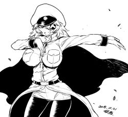 Rule 34 | 1girl, :d, black general, breasts, cape, coat, contrapposto, cowboy shot, dated, eyepatch, greyscale, hat, large breasts, long sleeves, looking at viewer, monochrome, one eye covered, open mouth, outstretched arms, panties, pantyhose, pantyshot, peaked cap, signature, simple background, smile, solo, spread arms, standing, tsukudani (coke-buta), underwear, white background, zannen onna-kanbu black general-san