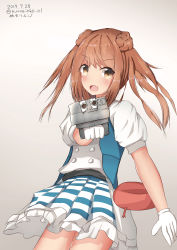 Rule 34 | 1girl, 1other, :d, absurdres, alternate costume, artist name, belt, brown eyes, checkered clothes, checkered dress, cowboy shot, dated, double bun, dress, enemy lifebuoy (kancolle), fang, gloves, highres, holding, holding turret, kantai collection, light brown hair, michishio (kancolle), numarinko, open mouth, pointing, pointing at viewer, pointing weapon, short sleeves, short twintails, simple background, smile, turret, twintails, twitter username, white background, white gloves