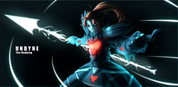 Rule 34 | 1girl, armor, beckoning, black background, black sclera, blue skin, character name, colored sclera, colored skin, cowboy shot, energy spear, energy weapon, eyes visible through hair, eyeshadow, fins, glowing, glowing eyes, grin, hair over one eye, head fins, heart, heterochromia, highres, makeup, monster girl, polearm, ponytail, red hair, sharp teeth, simple background, smile, solo, spear, spoilers, supparat ratangsu, teeth, undertale, undyne, undyne the undying, weapon