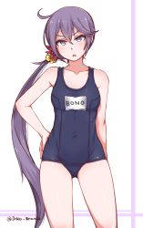 Rule 34 | 1girl, :o, absurdres, ahoge, akebono (kancolle), arm at side, bare arms, bare shoulders, bell, blue one-piece swimsuit, blush, breasts, character name, collarbone, competition school swimsuit, disco brando, flower, hair bell, hair between eyes, hair flower, hair ornament, hand on own hip, highres, jingle bell, kantai collection, legs apart, long hair, looking at viewer, low ponytail, name tag, one-piece swimsuit, open mouth, purple eyes, purple hair, school swimsuit, simple background, small breasts, solo, swimsuit, thighs, tsurime, twitter username, two-tone background, v-shaped eyebrows, very long hair, white background