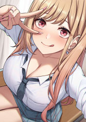 Rule 34 | 1girl, blonde hair, blush, breasts, cleavage, collarbone, collared shirt, dress shirt, earrings, highres, jewelry, kannko bokujou, kitagawa marin, large breasts, licking lips, long hair, long sleeves, looking at viewer, necktie, red eyes, shirt, skirt, smile, solo, sono bisque doll wa koi wo suru, thighs, tongue, tongue out, v, white shirt
