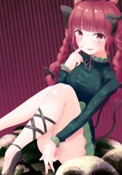 Rule 34 | 1girl, :d, animal ears, ass, bad id, bad nicoseiga id, bare legs, black bow, black footwear, blunt bangs, blush, bone, bow, braid, cat ears, cat tail, cross-laced footwear, dress, frilled sleeves, frills, green dress, hair bow, high heels, highres, juujuu (2l0), kaenbyou rin, leaf print, legs up, long hair, long sleeves, looking at viewer, multiple tails, nail polish, nekomata, no panties, no pants, open mouth, red background, red eyes, red hair, red nails, red skirt, shoes, simple background, skirt, skull, smile, solo, striped, striped background, tail, tareme, thighs, touhou, twin braids, two tails, upskirt, vertical stripes