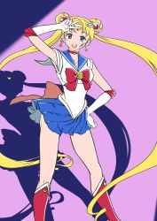 Rule 34 | 1girl, :d, absurdly long hair, absurdres, bad id, bad pixiv id, bishoujo senshi sailor moon, blonde hair, blue eyes, blue sailor collar, blue skirt, blush, boots, breasts, choker, collarbone, collared shirt, contrapposto, crescent, crescent earrings, earrings, elbow gloves, floating hair, gloves, hand on own hip, hayosena, highres, jewelry, knee boots, long hair, looking at viewer, medium breasts, miniskirt, open mouth, pleated skirt, purple background, red footwear, sailor collar, sailor moon, sailor senshi uniform, sailor shirt, shadow, shirt, skirt, sleeveless, sleeveless shirt, smile, solo, standing, tsukino usagi, v, very long hair, white gloves, white shirt