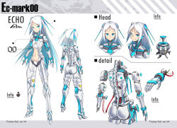 Rule 34 | 1girl, android, aqua hair, arms at sides, blue eyes, bright pupils, cable, character sheet, english text, expressionless, flat chest, gradient hair, headgear, highres, joints, looking at viewer, mechanical parts, multicolored hair, multiple views, navel, original, robot ears, robot joints, sawawse, science fiction, smile, white hair, white pupils