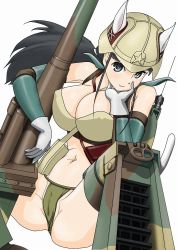 Rule 34 | 1girl, animal ears, aoi ushi, armor, cannon, ears through headwear, fundoshi, gloves, helmet, imperial japanese army, japanese clothes, mecha musume, military, military vehicle, motor vehicle, personification, simple background, solo, strike witches, striker unit, tail, tank, type 4 chi-to, vehicle, weapon, world war ii, world witches series
