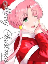 Rule 34 | 1girl, alternate costume, andanden, aria (manga), capelet, fur trim, green eyes, hair tubes, hands up, hat, highres, holding, holding sack, long sleeves, merry christmas, mizunashi akari, one eye closed, open mouth, parted bangs, pink hair, red capelet, red hat, sack, santa costume, santa hat, short hair with long locks, signature, simple background, solo, upper body, white background