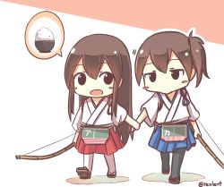 Rule 34 | 10s, 2girls, akagi (kancolle), blush stickers, bow (weapon), brown hair, geta, holding hands, japanese clothes, kaga (kancolle), kantai collection, long hair, multiple girls, open mouth, pout, rexlent, rice bowl, side ponytail, skirt, speech bubble, twitter username, weapon