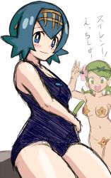 Rule 34 | 2girls, :d, arm up, blue eyes, blue hair, blush, breasts, bright pupils, cowboy shot, creatures (company), flower, game freak, gen 1 pokemon, green eyes, green hair, hair flower, hair ornament, hairband, lana (pokemon), long hair, looking at viewer, mallow (pokemon), medium breasts, multiple girls, nakaba, navel, nintendo, one-piece swimsuit, open mouth, pale skin, pokemon, pokemon (creature), pokemon sm, short hair, simple background, sitting, sketch, smile, standing, staryu, stomach, swimsuit, tan, thighs, translated, trial captain, twintails, white background