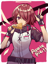 Rule 34 | 1girl, apple pie, arknights, bad id, bad pixiv id, black gloves, blush, breasts, commentary, cowboy shot, detached wings, eating, english commentary, english text, exusiai (arknights), fingerless gloves, gloves, hair over one eye, halo, jacket, kernel killer, looking at viewer, name tag, pink background, red eyes, red hair, short hair, short sleeves, simple background, small breasts, solo, turtleneck, v, white jacket, wings