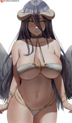 Rule 34 | 1girl, albedo (overlord), bare shoulders, bikini, black hair, black wings, breasts, closed mouth, collarbone, commentary, cowboy shot, demon girl, demon horns, feathered wings, hair between eyes, highres, horns, jewelry, large breasts, long hair, looking at viewer, navel, overlord (maruyama), patreon logo, patreon username, shexyo, simple background, skindentation, solo, swimsuit, thigh gap, underboob, watermark, web address, white background, white bikini, wings, yellow eyes