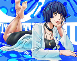 Rule 34 | 10s, 1girl, aiyukii4s, bare legs, barefoot, blue hair, brown eyes, choker, collar, dress, eyebrows, feet, holding, jewelry, lab coat, long sleeves, looking at viewer, lying, makeup, nail polish, necklace, on stomach, pen, persona, persona 5, short hair, studded collar, takemi tae, toes
