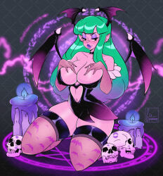 Rule 34 | 1girl, animal print, bat print, black background, black dress, black eyes, blush, breasts, candle, capcom, choker, cleavage, clothing cutout, collarbone, covered erect nipples, cresscin, demon girl, demon wings, dress, earrings, eyeshadow, fire, gloves, green hair, grid, grid background, hands on own chest, head wings, jewelry, large breasts, lipstick mark, long hair, looking at viewer, magic circle, makeup, morrigan aensland, navel, navel cutout, pointy ears, print thighhighs, purple lips, sitting, skull, sleeveless, sleeveless dress, smile, thighhighs, vampire (game), wings