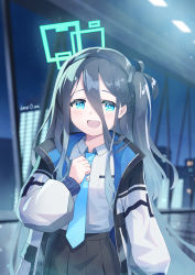 Rule 34 | 1girl, :d, aris (blue archive), black hair, blue archive, blue eyes, blurry, building, collared shirt, commentary request, depth of field, hair between eyes, hair ornament, hairband, halo, highres, indoors, jacket, kana ami, long hair, long sleeves, looking at viewer, necktie, night, night sky, one side up, open mouth, pleated skirt, school uniform, shirt, sidelocks, skirt, sky, skyscraper, smile, solo