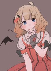 Rule 34 | 1girl, absurdres, ahoge, animal print, bat hair ornament, bat print, bat wings, black bow, black gloves, blue eyes, blush, bow, brown background, brown hair, chestnut mouth, commentary, dress, finger heart, fingerless gloves, flat chest, frilled dress, frills, gloves, hair ornament, hand up, highres, idolmaster, idolmaster million live!, looking at viewer, medium hair, meeeeeeco359, my dear vampire, puffy short sleeves, puffy sleeves, red dress, short sleeves, sidelocks, simple background, solo, suou momoko, symbol-only commentary, wavy hair, wings