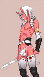 Rule 34 | 1boy, censored, colored skin, demon, demon boy, highres, horns, large penis, male focus, mosaic censoring, oni, original, panties, penis, po-ju, red oni, red skin, short hair, side-tie panties, signature, simple background, solo, sword, thighhighs, topless male, underwear, weapon, white hair