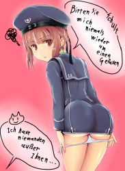 Rule 34 | 10s, 1girl, :o, ass, bad id, bad pixiv id, beret, black hat, black ribbon, blue shirt, blush, character name, clothes writing, franz (217franz), from behind, german text, hat, hat ribbon, kantai collection, leaning forward, long sleeves, looking at viewer, looking back, military, military uniform, no pants, panties, panty pull, parted lips, pulled by self, ranguage, red eyes, red hair, ribbon, sailor collar, sailor hat, shirt, short hair, sidelocks, solo focus, speech bubble, squiggle, standing, sweatdrop, talking, text focus, thighs, translated, typo, underwear, uniform, white panties, z3 max schultz (kancolle)