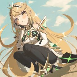 Rule 34 | 1girl, angry, black pantyhose, blonde hair, blush, breasts, chest jewel, cleavage, closed mouth, dress, earrings, elbow gloves, gloves, headpiece, jewelry, long hair, looking at viewer, miri (cherryjelly), mythra (massive melee) (xenoblade), mythra (xenoblade), nintendo, pantyhose, short dress, solo, super smash bros., swept bangs, tiara, very long hair, white dress, white gloves, xenoblade chronicles (series), xenoblade chronicles 2, yellow eyes