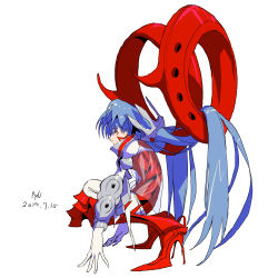 Rule 34 | 1girl, absurdres, armor, blue hair, closed mouth, dated, earrings, facial mark, floating, gloves, high heels, highres, jewelry, long hair, naji yanagida, original, pauldrons, red footwear, see-through, shoulder armor, signature, simple background, solo, squatting, torn clothes, vambraces, very long hair, white background, white gloves, yellow eyes