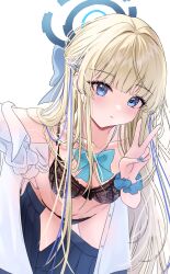 Rule 34 | 1girl, absurdres, black bra, black panties, blonde hair, blue archive, blue bow, blue bowtie, blue eyes, blue hair, blue halo, blue scrunchie, blue skirt, blush, bow, bowtie, bra, braid, breasts, buttons, byakko 0410, closed mouth, collarbone, cowboy shot, halo, highres, multicolored hair, panties, pleated skirt, scrunchie, shirt, simple background, skirt, small breasts, solo, streaked hair, toki (blue archive), underwear, v, white background, white shirt, wrist scrunchie