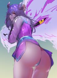 Rule 34 | 1girl, 1other, absurdres, ass, bare legs, blue background, blue kimono, closed mouth, cowboy shot, expressionless, eyebrows, eyelashes, from behind, gradient background, highres, horns, japanese clothes, kimono, kindred (league of legends), lamb (league of legends), league of legends, leaning forward, long hair, long sleeves, looking at viewer, looking back, official alternate costume, panties, pantyshot, pink kimono, profile, purple hair, red eyes, sheep girl, sheep horns, short kimono, simple background, solo focus, spirit blossom kindred, standing, tnt (pixiv8487740), two-tone background, two-tone kimono, underwear, white panties, wolf (league of legends), yellow background