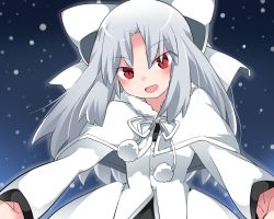 Rule 34 | 1girl, bow, capelet, commentary request, hair bow, hammer (sunset beach), jacket, long hair, looking at viewer, melty blood, open mouth, outstretched arms, red eyes, ribbon, slit pupils, smile, snow, solo, tsukihime, upper body, white hair, white jacket, white len (tsukihime)