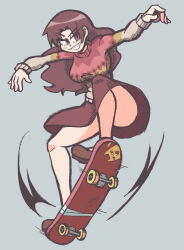 Rule 34 | 1girl, ass, azumanga daiou, blush, breasts, brown eyes, brown hair, grey background, grin, kevin arthur, large breasts, long hair, long sleeves, outstretched arms, parted lips, red skirt, simple background, skateboard, skateboarding, skirt, smile, solo, sweater, tanizaki yukari, teeth