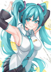 Rule 34 | 1girl, armpits, arms up, breasts, hatsune miku, highres, inue ao, medium breasts, solo, vocaloid