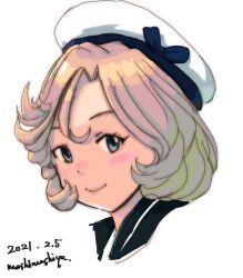 Rule 34 | 1girl, artist name, bad id, bad twitter id, blonde hair, blue eyes, blue sailor collar, commentary request, dated, hat, head only, highres, inuyama tarou, janus (kancolle), kantai collection, one-hour drawing challenge, portrait, sailor collar, sailor hat, short hair, simple background, solo, upper body, white background, white hat