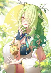 Rule 34 | 1girl, absurdres, amulet, antlers, apple, braid, ceres fauna, dress, fingerless gloves, flower, food, french braid, fruit, geomdaeng, gloves, golden apple, green hair, hair flower, hair ornament, hair over one eye, highres, hololive, hololive english, horns, jewelry, leaf, mole, mole under eye, multicolored hair, open mouth, ring, smile, solo, two-tone hair, upper body, virtual youtuber, yellow eyes