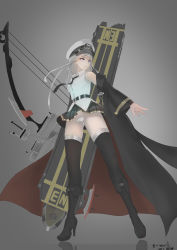 Rule 34 | 1girl, absurdres, aiguillette, azur lane, belt, black thighhighs, boots, bow (weapon), breasts, buckle, buttons, closed mouth, dated, enterprise (azur lane), expressionless, facing away, grey background, hair between eyes, hat, high heel boots, high heels, highres, holding, holding bow (weapon), holding weapon, large breasts, long hair, looking at viewer, looking to the side, machinery, miniskirt, necktie, outstretched arm, panties, pantyshot, peaked cap, pleated skirt, purple eyes, reflection, rigging, serious, shirt, signature, silver hair, skirt, sleeve cuffs, sleeveless, sleeveless shirt, solo, standing, thighhighs, underwear, very long hair, weapon, white panties, white shirt, yian yi ww