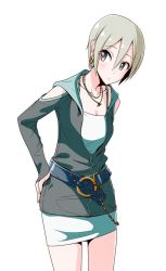Rule 34 | 1girl, belt, breasts, cleavage, clothing cutout, collarbone, cowboy shot, earrings, grey eyes, grey jacket, hair between eyes, hand on own hip, hige (com), idolmaster, idolmaster cinderella girls, jacket, jewelry, medium breasts, miniskirt, necklace, pencil skirt, shiomi syuko, shirt, short hair, shoulder cutout, silver hair, skirt, solo, standing, tooth necklace, white shirt, white skirt