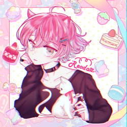 Rule 34 | 1boy, androgynous, black shirt, blue eyes, bow, cake, cat, character name, choker, dear vocalist, food, hair ornament, hairclip, head rest, highres, idol, jeje (pixiv60670177), jewelry, long sleeves, looking at viewer, nail polish, pink hair, re-o-do, ribbon, ring, shirt, solo, strawberry shortcake