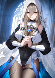 Rule 34 | 1girl, absurdres, aponia (honkai impact), benghuai xueyuan, black leotard, black pantyhose, black sleeves, blue eyes, blue nails, breasts, brown hair, cameltoe, character request, chinese commentary, closed mouth, commentary request, covered navel, detached sleeves, eyes visible through hair, frills, hair between eyes, highres, honkai (series), honkai impact 3rd, huge breasts, indoors, interlocked fingers, leotard, long bangs, looking at viewer, mole, mole under eye, nail polish, nun, own hands together, pantyhose, see-through, smile, solo, standing, thigh strap, thighs, veil, wu ganlan cai