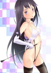Rule 34 | 10s, 1girl, akemi homura, black hair, black thighhighs, blush, breasts, elbow gloves, gloves, hairband, highres, long hair, looking at viewer, mahou shoujo madoka magica, mahou shoujo madoka magica (anime), navel, purple eyes, riding crop, small breasts, solo, thighhighs, wa (genryusui), white gloves