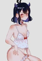Rule 34 | 1girl, angerart, bare shoulders, black clover, black hair, blush, bra, breasts, closed mouth, highres, horns, panties, red eyes, secre swallowtail, short hair, small breasts, tagme, underwear