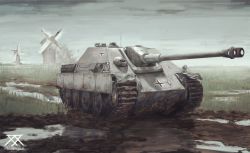 Rule 34 | artist name, bluemole, caterpillar tracks, cloud, commentary, cross, day, emblem, english commentary, grass, highres, iron cross, jagdpanther, military, military vehicle, motor vehicle, mud, no humans, original, sky, smoke, tank, tank destroyer, traditional media, vehicle focus, water, windmill