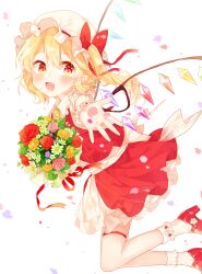 Rule 34 | 1girl, blonde hair, blush, bobby socks, bouquet, bow, commentary request, fang, flandre scarlet, flower, flower request, full body, hair bow, hat, hat bow, hat ribbon, high heels, highres, holding, holding bouquet, looking at viewer, miniskirt, mob cap, mokyuko, multicolored wings, open mouth, outstretched arm, petals, petticoat, pink flower, pink rose, pointy ears, red bow, red eyes, red flower, red footwear, red ribbon, red rose, red skirt, red vest, ribbon, rose, sash, footwear flower, shoes, short sleeves, side ponytail, simple background, skin fang, skirt, skirt set, socks, solo, thigh strap, touhou, vest, white background, white socks, wings, wrist cuffs, yellow flower, yellow rose