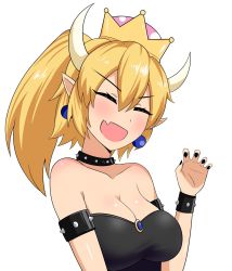 Rule 34 | 1girl, blonde hair, blue eyes, blush, bowsette, breasts, cleavage, crown, dress, earrings, closed eyes, fang, highres, jewelry, large breasts, mario (series), nail polish, new super mario bros. u deluxe, nintendo, open mouth, pointing, pointy ears, ponytail, simple background, smile, solo, spikes, strapless, strapless dress, super crown, the only shoe, white background, wide-eyed