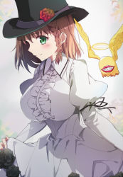Rule 34 | 1girl, braid, breasts, brown hair, charlotte corday (fate), charlotte corday (third ascension) (fate), dress, fate/grand order, fate (series), flower, green eyes, halo, hat, hat flower, juliet sleeves, large breasts, long sleeves, puffy sleeves, smile, solo, tsuezu, white dress, wings
