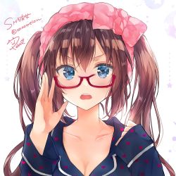 Rule 34 | 1girl, :o, adjusting eyewear, artist name, blue eyes, blue shirt, blush, breasts, brown hair, cleavage, collarbone, commentary request, furrowed brow, glasses, hand on eyewear, hands up, headdress, heart, heart print, long hair, long sleeves, looking at viewer, looking over eyewear, open mouth, original, peke (xoxopeke), red-framed eyewear, shirt, sidelocks, signature, sleeves past wrists, solo, star (symbol), tareme, teeth, twintails, twitter username, upper body, upper teeth only, v-shaped eyebrows, wavy mouth, white background, wing collar