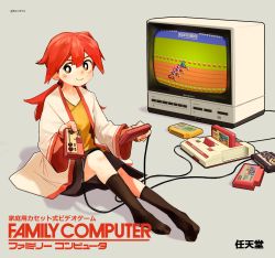 Rule 34 | 1girl, absurdres, barceltime, blush, bright pupils, brown eyes, brown legwear, brown skirt, cable, closed mouth, commentary, controller, crt, donkey kong (1981 game), donkey kong (series), famicom cartridge, famicom disk system, famicom gamepad, game controller, grey background, highres, holding, holding controller, holding game controller, knees, long hair, nintendo, original, red hair, shirt, sitting, skirt, smile, socks, television, twintails, twitter username, white pupils, yellow shirt
