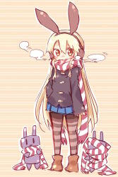 Rule 34 | 10s, 1girl, :3, alternate costume, ayakashi (monkeypanch), blonde hair, blush, breath, brown eyes, brown ribbon, earmuffs, hair ribbon, hand on own hip, highres, kantai collection, long hair, long sleeves, looking at viewer, pantyhose, pleated skirt, rensouhou-chan, ribbon, scarf, scarf over mouth, shimakaze (kancolle), skirt, sleeves past wrists, solo, striped clothes, striped pantyhose, striped scarf, thighhighs, very long hair, | |