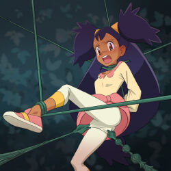 Rule 34 | 1girl, arm behind back, blush, brown eyes, clothes tug, collarbone, commentary request, creatures (company), dark-skinned female, dark skin, eyelashes, game freak, highres, iris (pokemon), leg up, leggings, long hair, looking down, miraa (chikurin), nintendo, open mouth, pink footwear, pink skirt, plant, pokemon, pokemon bw, purple hair, restrained, shirt, shoe soles, shoes, skirt, sweat, tearing up, teeth, tentacles, tongue, two side up, upper teeth only, vines, yellow shirt