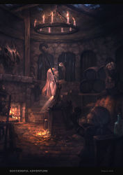 Rule 34 | 1girl, 4boys, ando, barrel, blonde hair, boots, bottle, candle, coin, fairy wings, fireplace, from behind, hat, indoors, instrument, long hair, multiple boys, open mouth, original, pectorals, pointy ears, sitting, skirt, skull, staff, treasure, treasure chest, wings