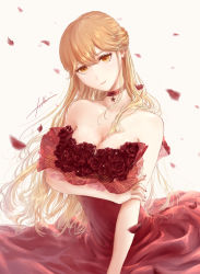Rule 34 | 1girl, absurdres, alternate costume, arm under breasts, bad id, bad pixiv id, bare shoulders, blonde hair, breasts, choker, cleavage, commentary request, dress, filha, flower, girls&#039; frontline, half updo, highres, long hair, looking at viewer, nail polish, ots-14 (girls&#039; frontline), petals, red choker, red dress, red flower, red nails, red rose, rose, signature, sleeveless, sleeveless dress, smile, star (symbol), star choker, upper body, yellow eyes