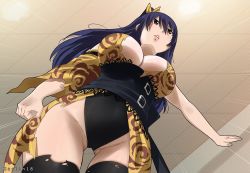 Rule 34 | 1girl, black hair, breasts, cleavage, colorized, curvy, dutch angle, eden&#039;s zero, from below, gaston18, homura kogetsu, indoors, large breasts, leotard, long hair, mashima hiro, no bra, solo, thighhighs, torn clothes, torn thighhighs