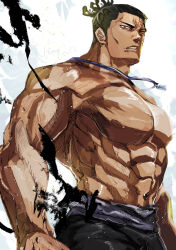 Rule 34 | 1boy, abs, bara, black hair, feet out of frame, frown, jewelry, jujutsu kaisen, large pectorals, looking at viewer, male focus, muscular, muscular male, necklace, nipples, nonono nagata, pectorals, scar, scar across eye, serious, short hair, shredded muscles, sideburns, solo, topless male, toudou aoi (jujutsu kaisen), undercut, veins, veiny arms