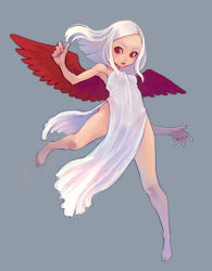 Rule 34 | 1girl, albino, armpits, bare shoulders, barefoot, breasts, forehead, long hair, original, red eyes, simple background, small breasts, solo, weno, white hair, wings